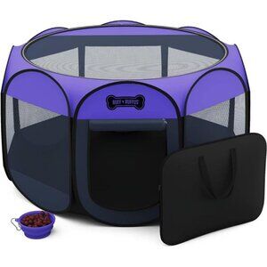 Portable Foldable Pet Playpen + Carrying Case & Collapsible Travel Bowl
